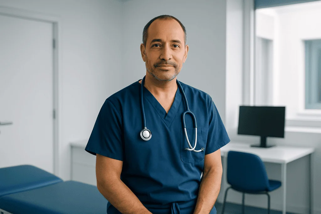 Gastric Botox 1 Medical professional in blue scrubs with stethoscope in clinic.