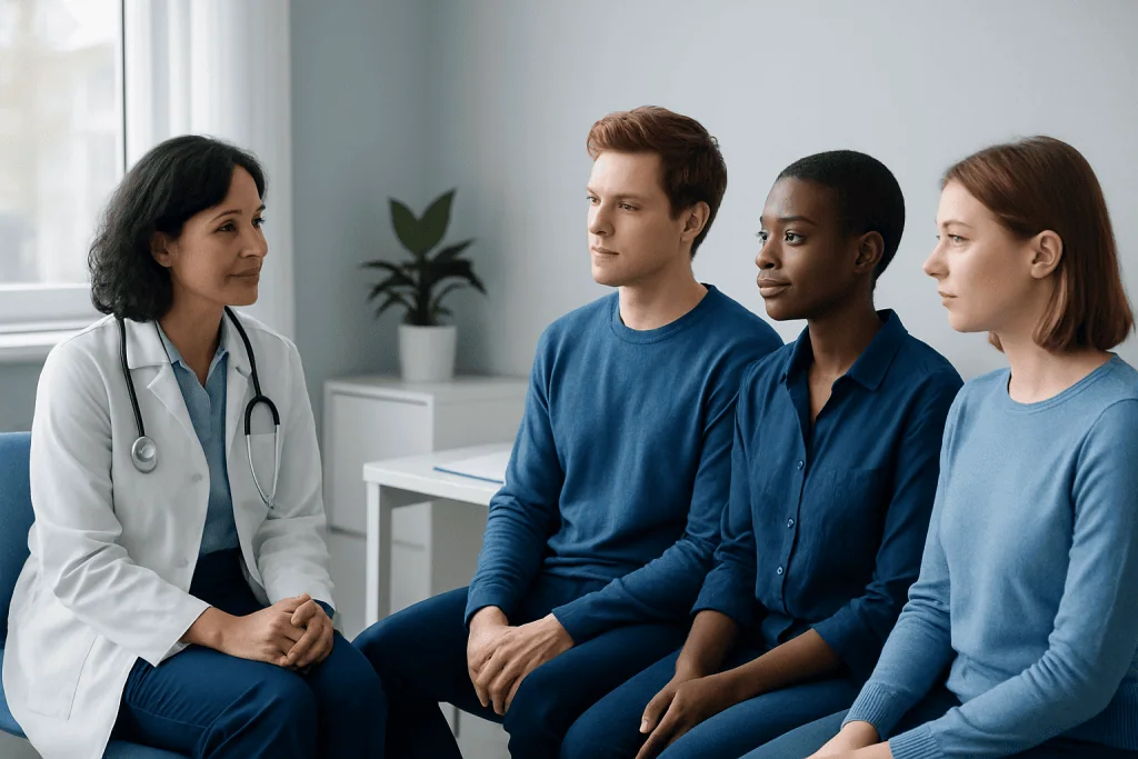 Doctor consulting with diverse group of patients in a medical office.