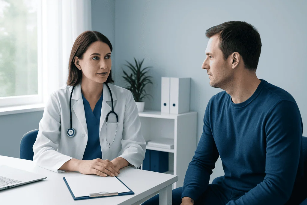 Doctor consulting with patient in a medical office setting.