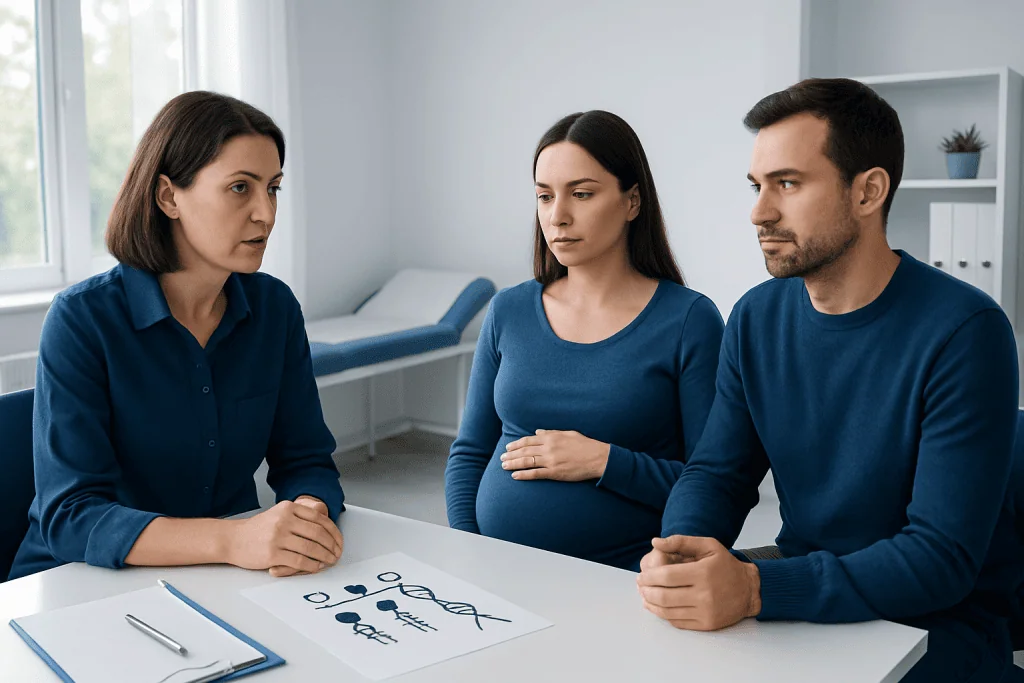 Pregnant woman consulting with healthcare professionals about reproductive options.