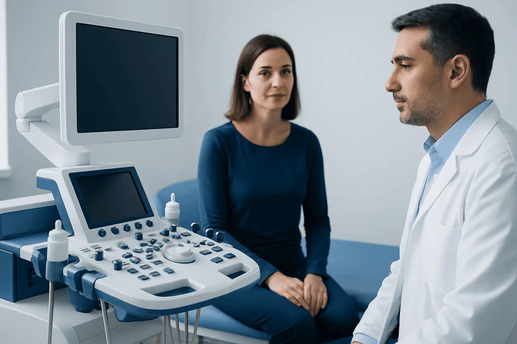 Doctor consulting with patient during ultrasound examination at Acibadem Hospital.