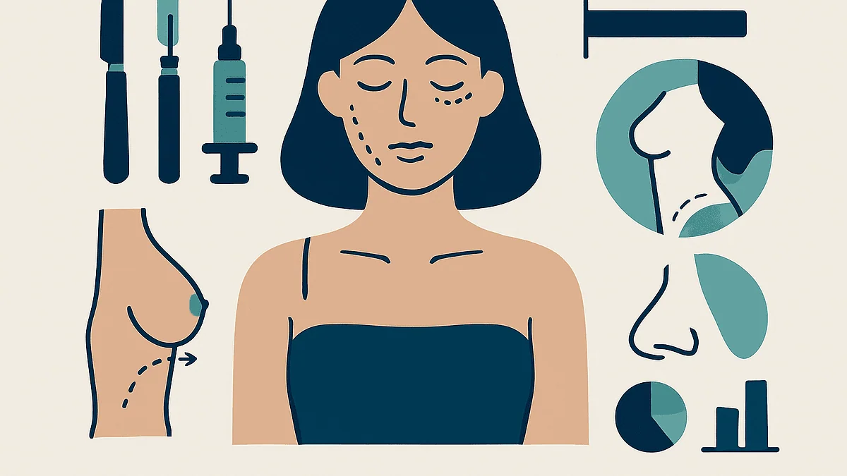 Illustration of a woman with plastic surgery options around her face and body.