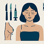 Illustration of a woman with plastic surgery options around her face and body.