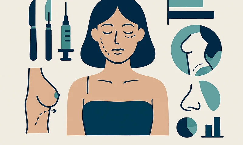 Illustration of a woman with plastic surgery options around her face and body.