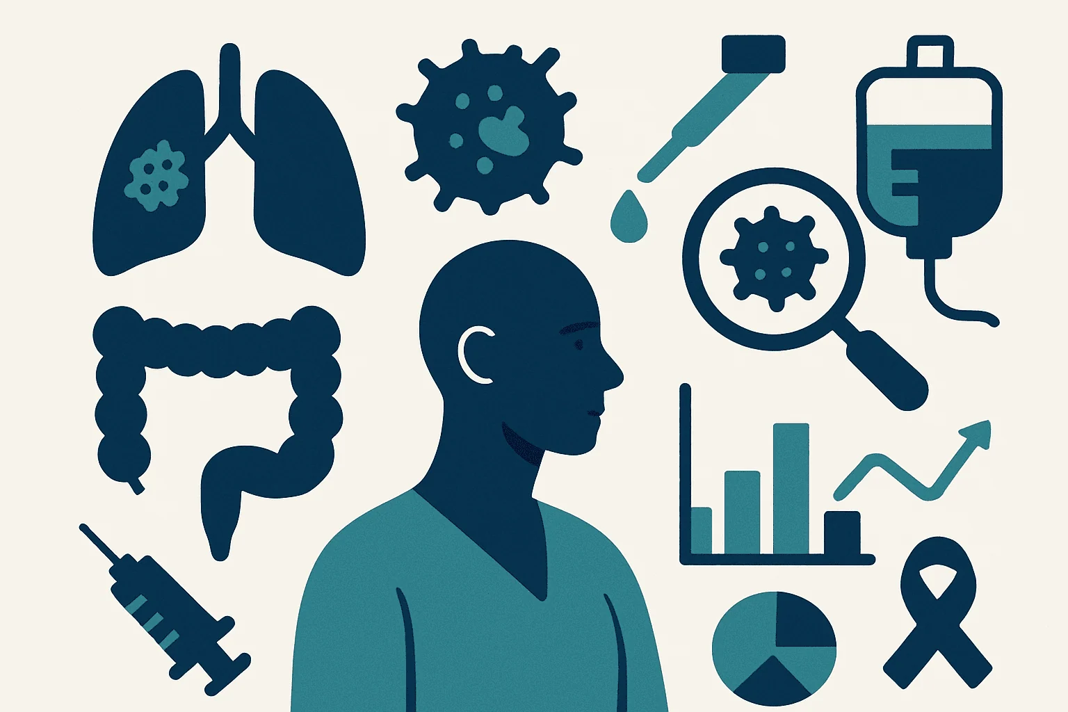 Medical illustration of lungs, colon, virus, and healthcare symbols.