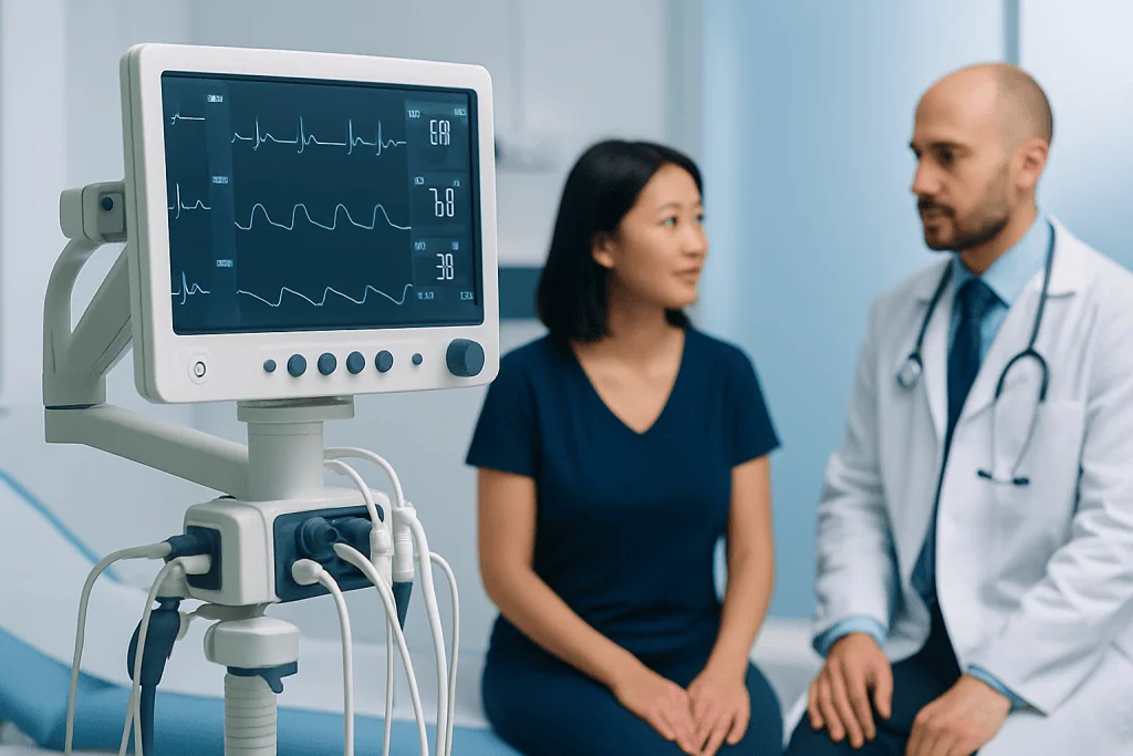 Medical professionals monitoring patient with vital signs display in hospital.