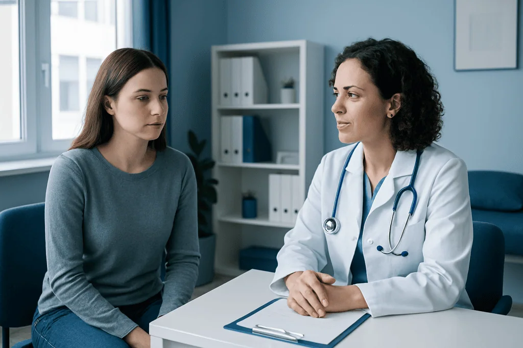 Doctor consulting with a patient in a medical office setting.
