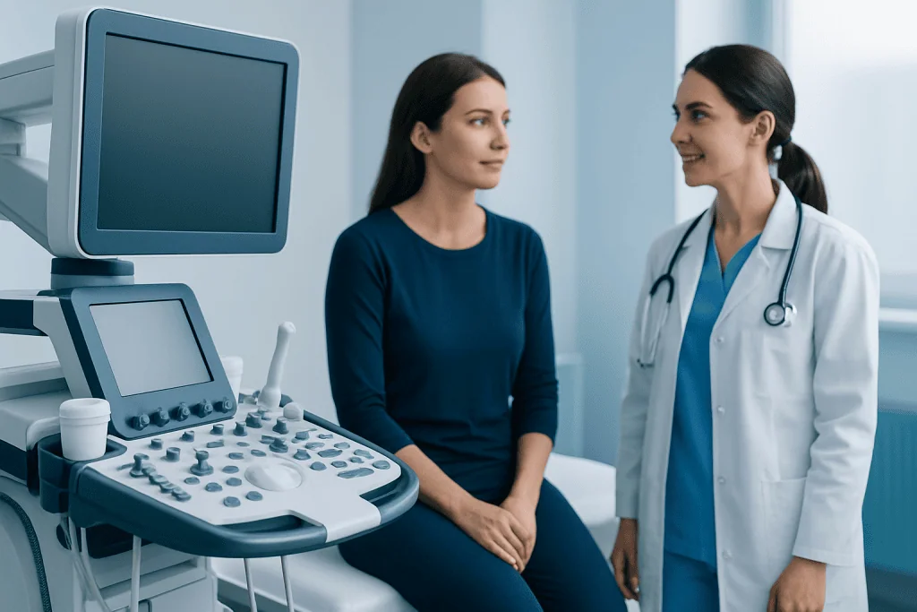 Doctor consulting a patient in a medical examination room with ultrasound equipment.