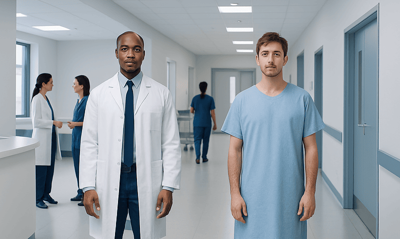 Doctor and patient in hospital corridor with medical staff in background.
