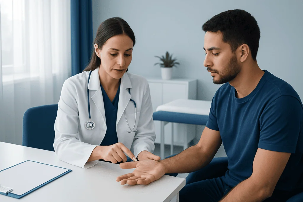 Doctor examining patient's wrist in a medical consultation at Acibadem Hospital.
