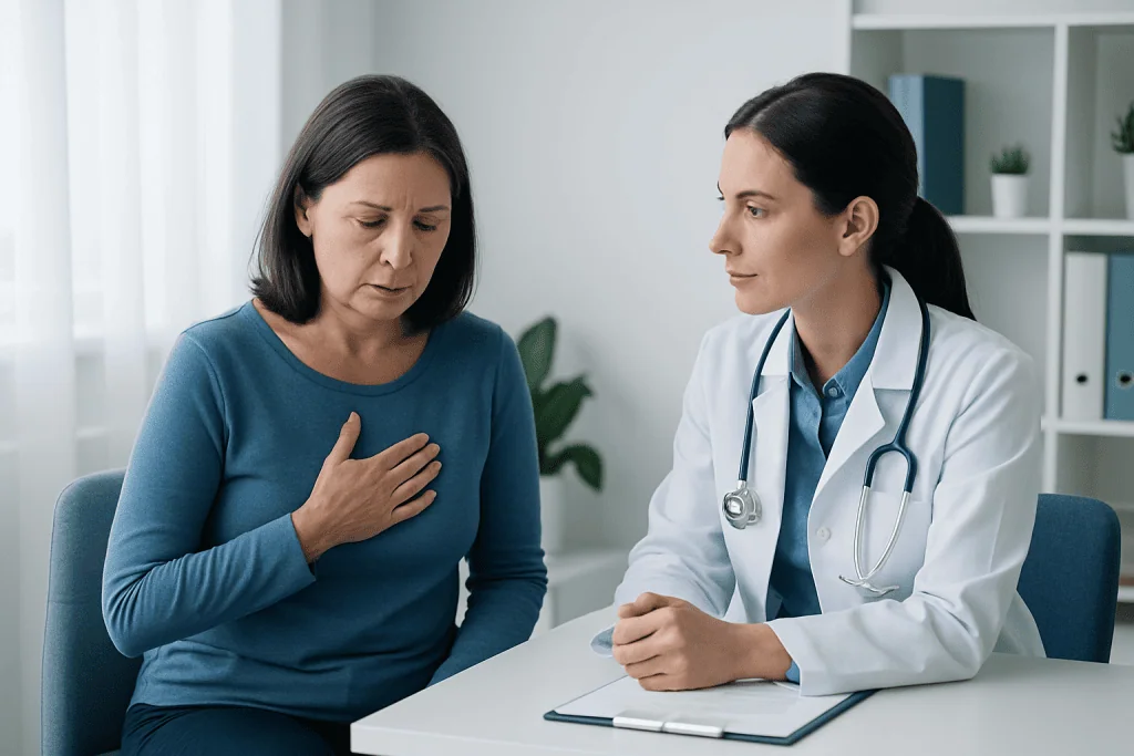 Doctor consulting with a patient experiencing chest pain in a medical office.
