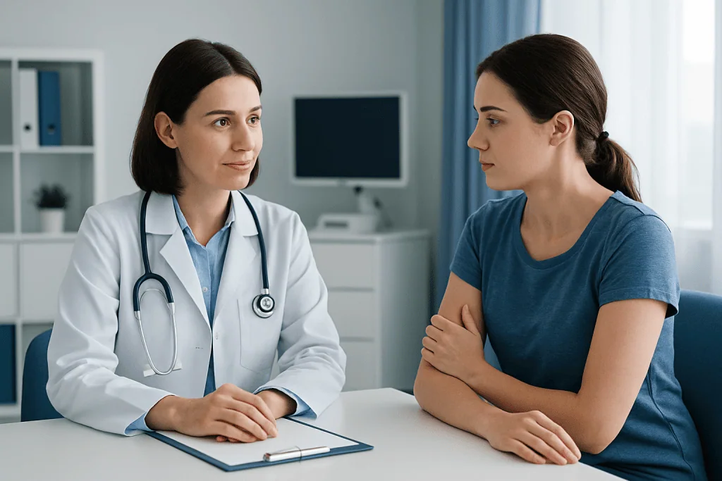 Doctor consulting patient in a medical office setting.