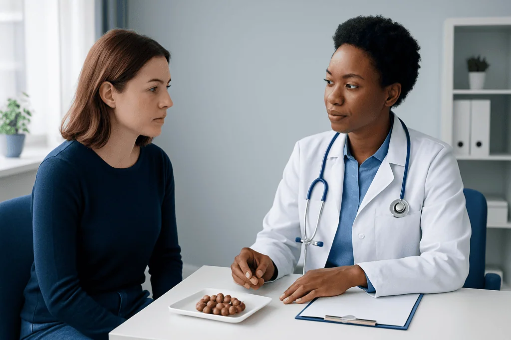 Doctor consulting with a patient about health in a medical office.