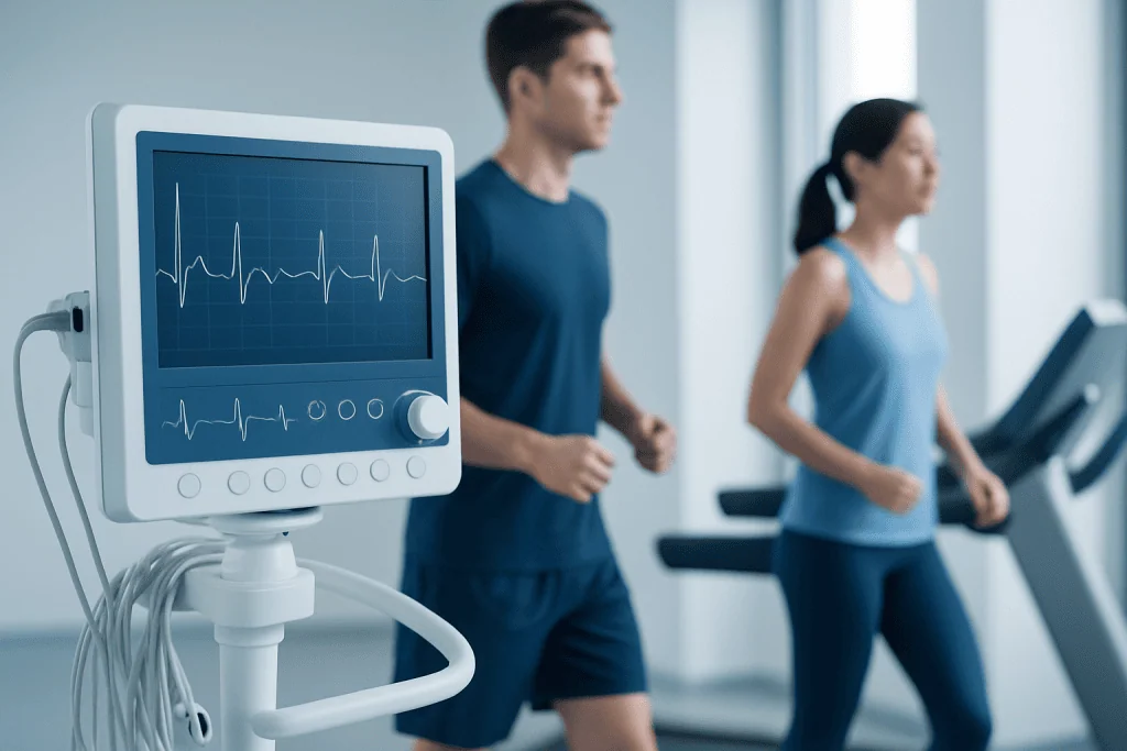 Medical monitor displaying heart rate during exercise at a fitness center.