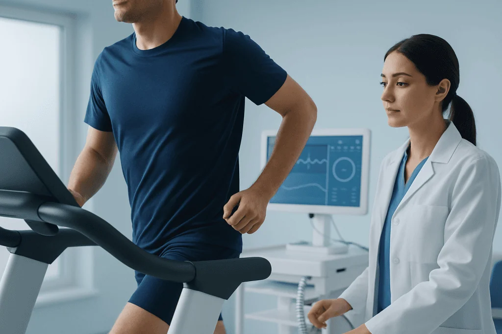 Man running on treadmill with medical professional monitoring health data.