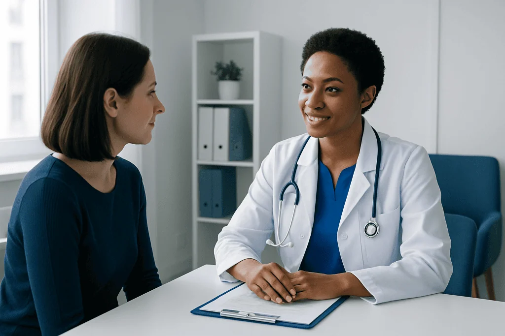 Doctor consulting with a patient in a modern medical office.