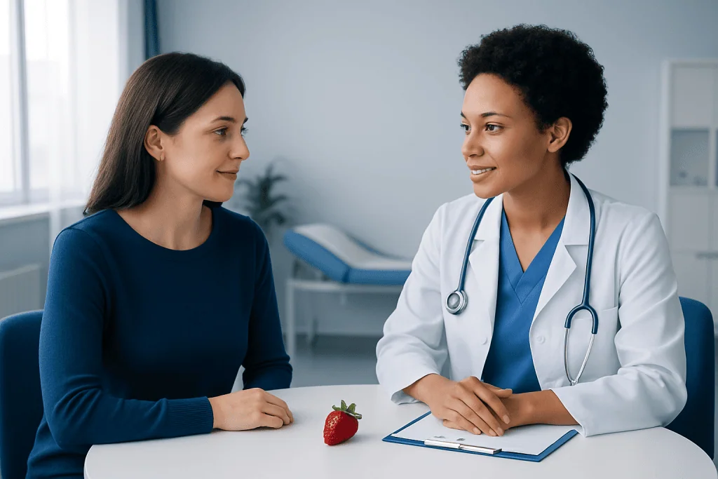 Doctor consulting a patient in a medical office with a strawberry on the table.