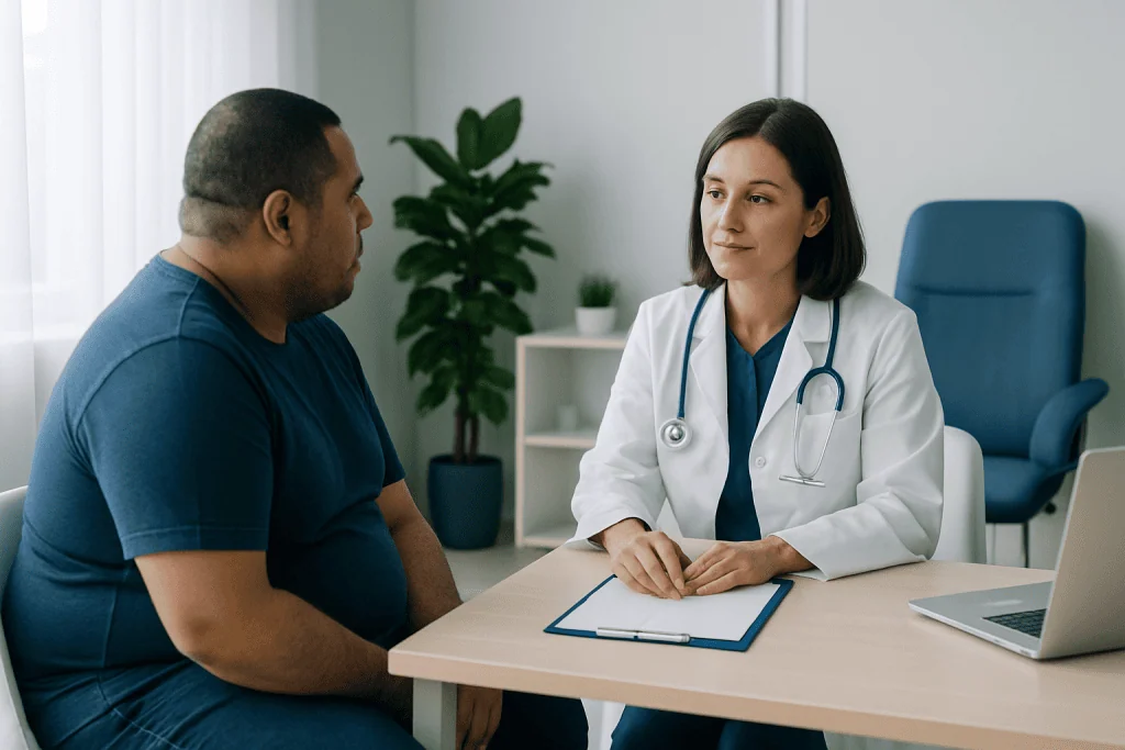 Doctor consulting with patient about gastric sleeve surgery options.