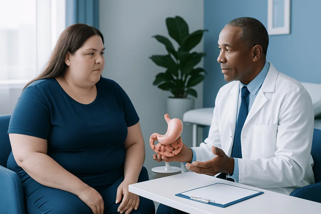 Doctor explaining gastric sleeve surgery to a patient in a consultation room.