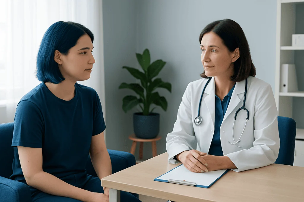 Doctor consulting with a young female patient in a medical office.