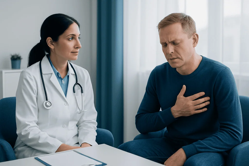 Doctor consulting with a patient experiencing chest discomfort in a medical office.