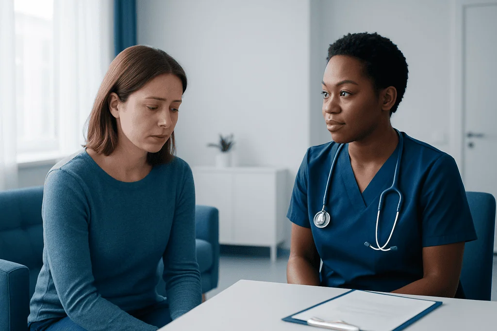 Medical consultation between a doctor and a patient in a clinical setting.