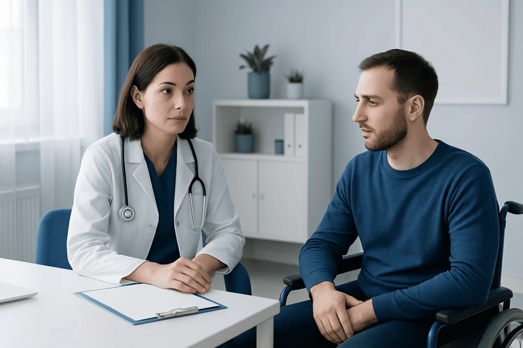 Doctor consulting with a male patient in a medical office setting.