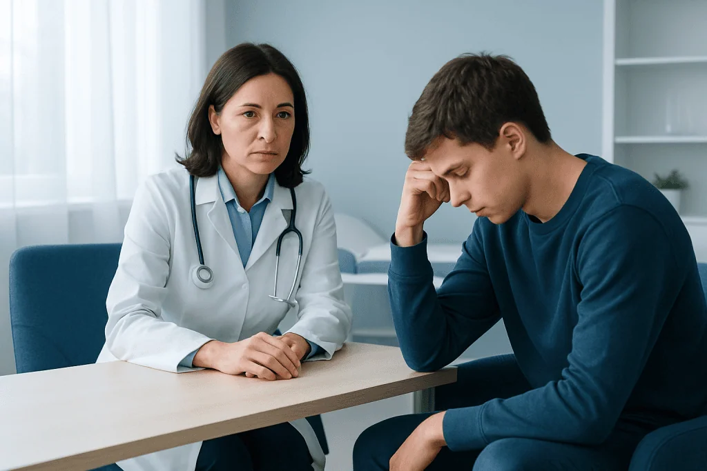 Doctor consulting with a young male patient in a medical office.