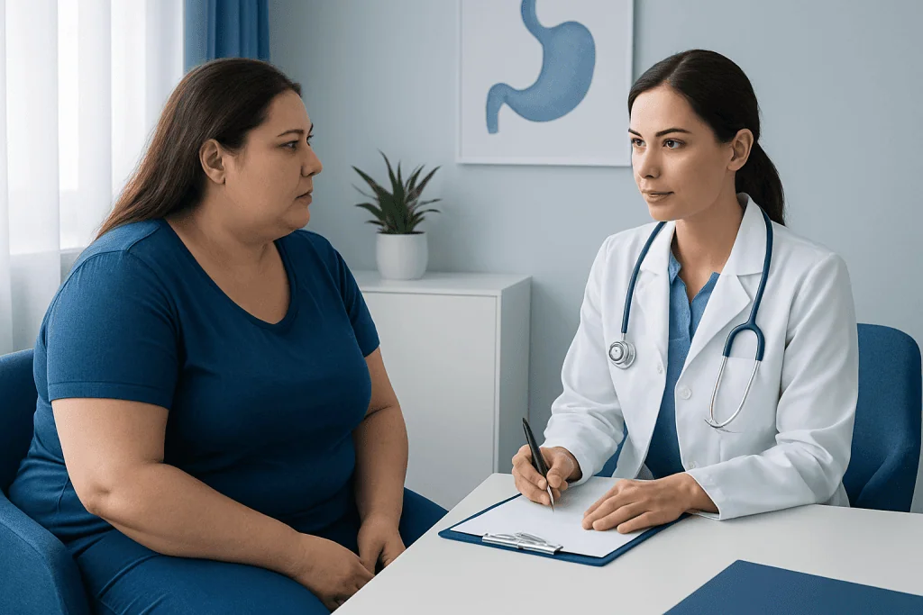 Doctor consulting with a patient about gastric sleeve surgery options.