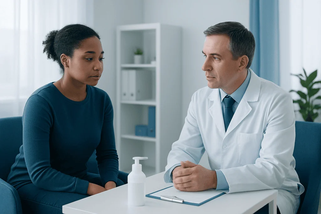 Doctor consulting with a patient in a medical office setting.