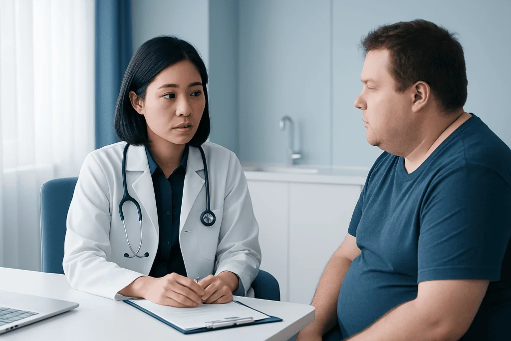 Doctor consulting with a male patient in a medical office.