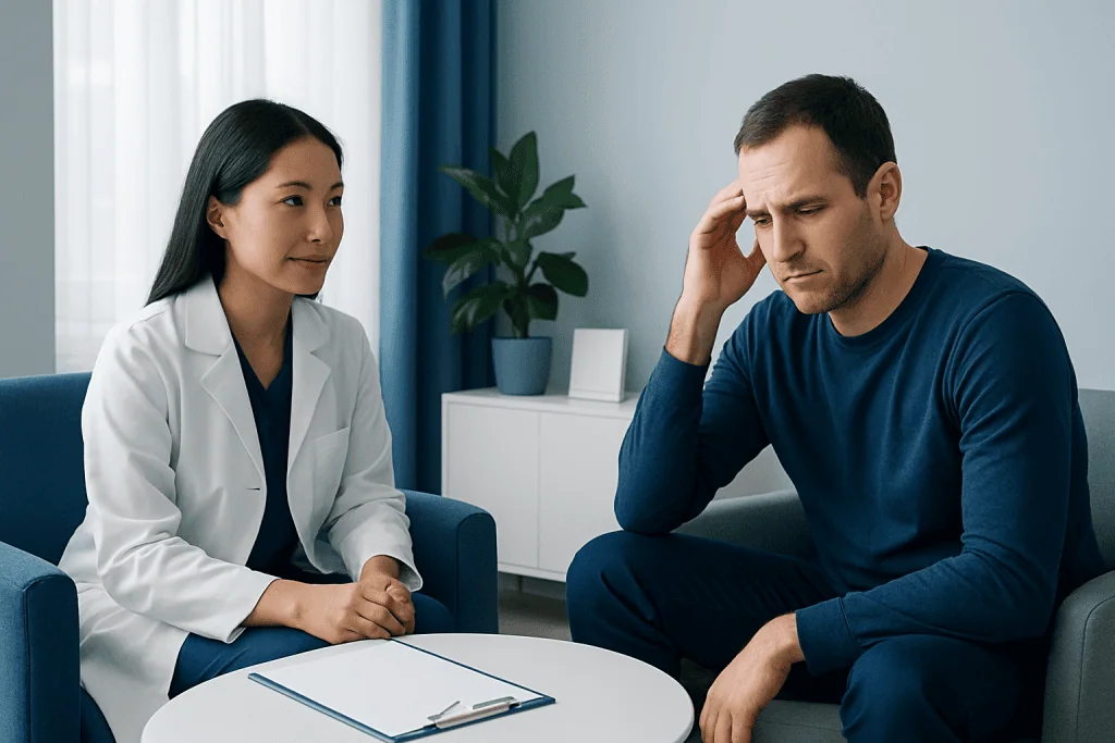 Doctor consulting with a patient about health concerns in a modern clinic.