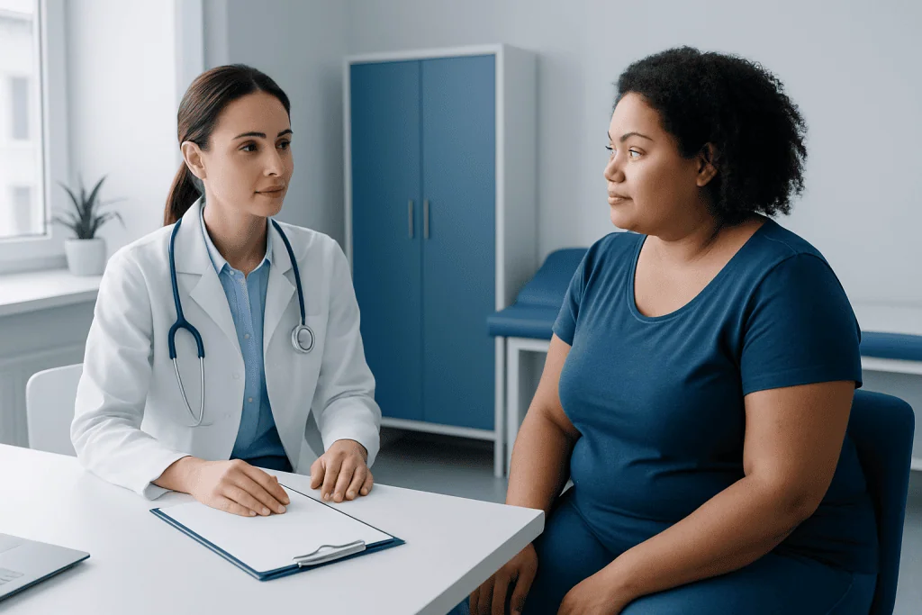 Doctor consulting patient about health in a medical office setting.