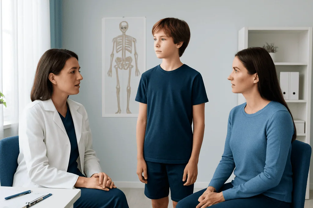 Doctor consulting with a boy about growth and height in a medical office.