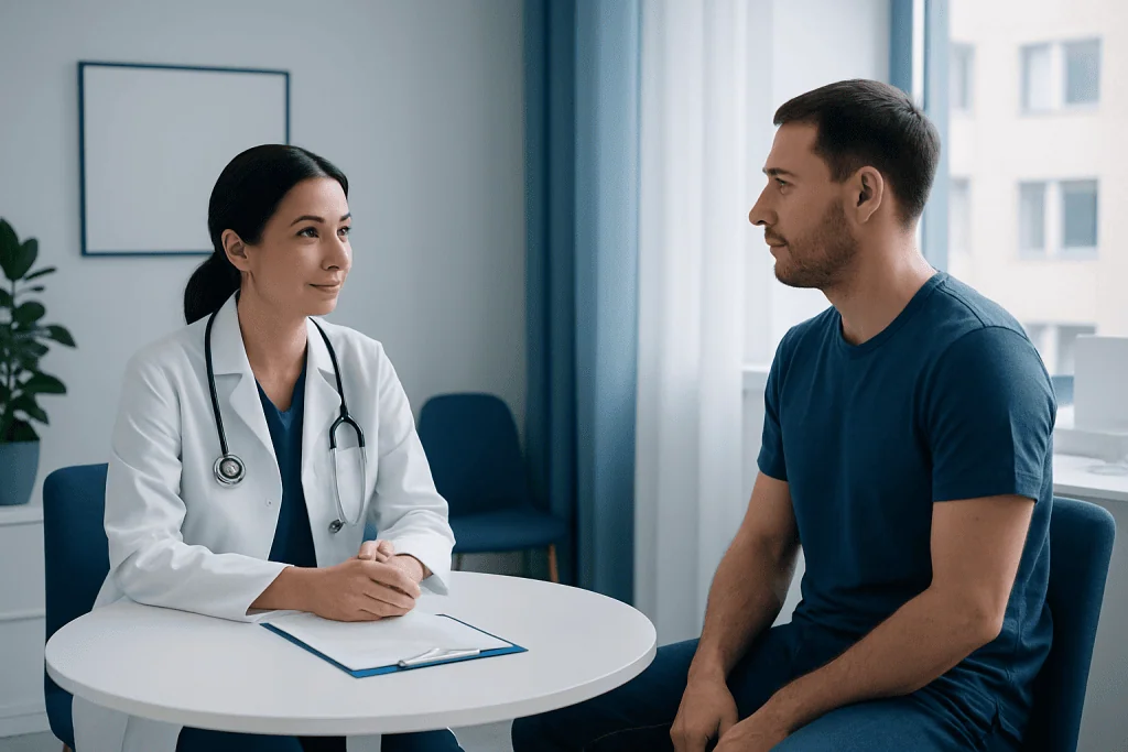 Doctor consulting with male patient in a medical office.