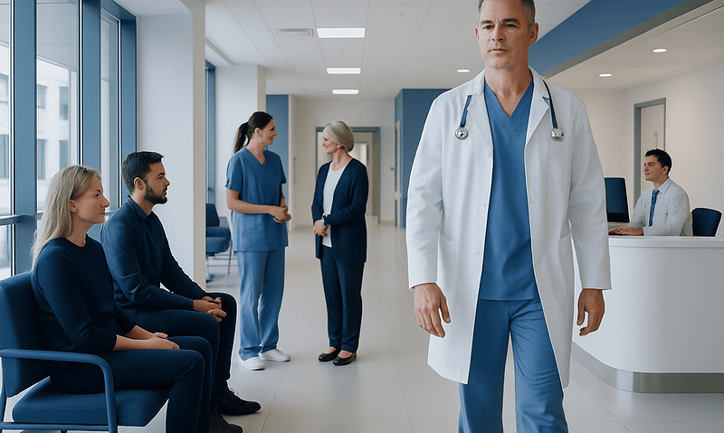 Medical consultation at Acibadem Hospital with doctor and patients.