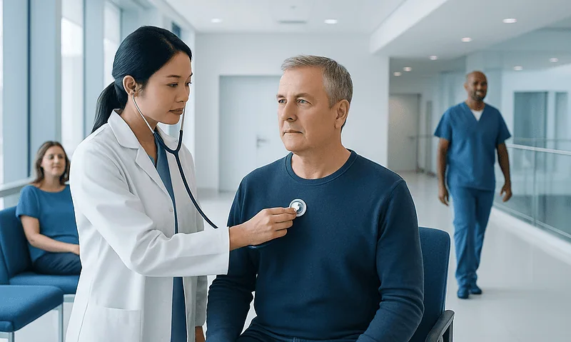 Doctor examining a patient in a hospital corridor with medical staff in background.