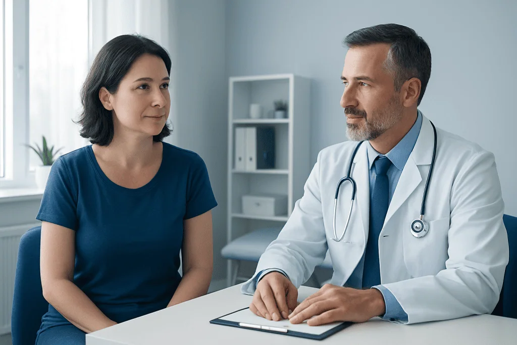 Doctor consulting with a female patient in a medical office.