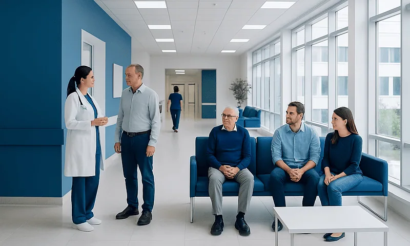 Patients waiting in a hospital corridor with a doctor consulting a visitor.