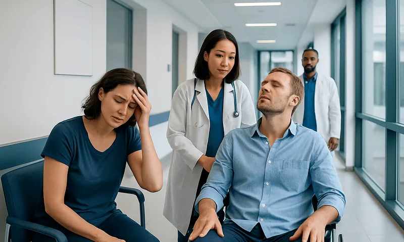 Medical team examines patient with heat-related illness in hospital corridor.