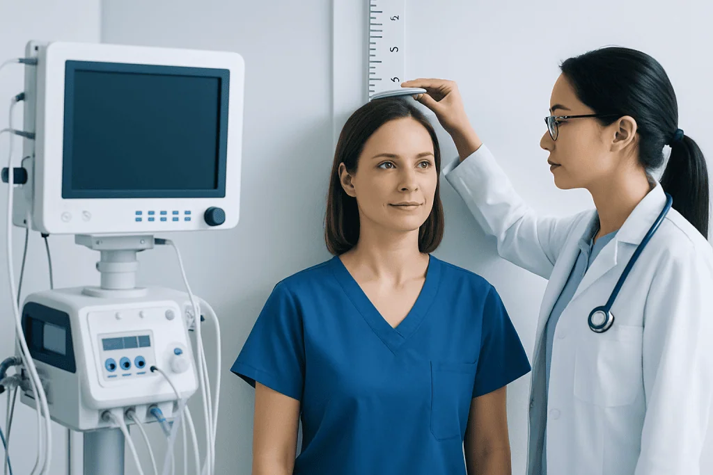 Medical professional measuring woman's height in a clinical setting.