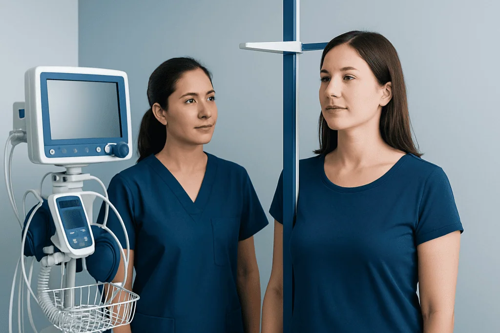 Medical professionals measuring height of a woman in a clinical setting.