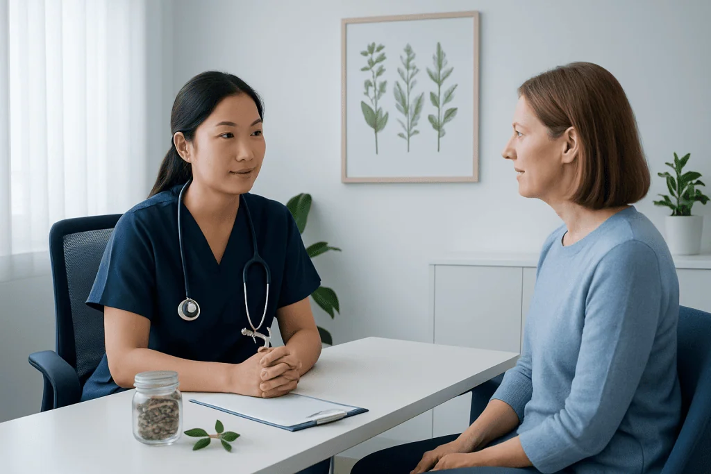 Doctor consulting with a patient in a modern clinic setting.