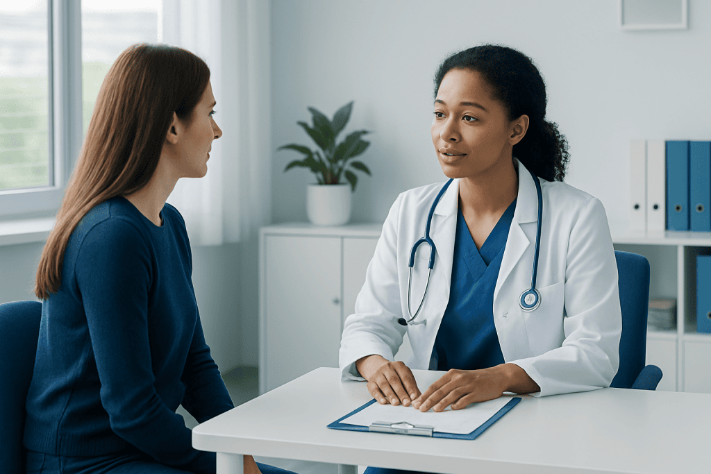 Doctor consulting with a patient in a modern medical office.