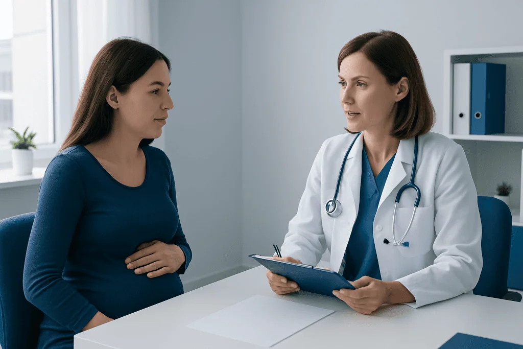 Doctor consulting pregnant woman in a medical office.