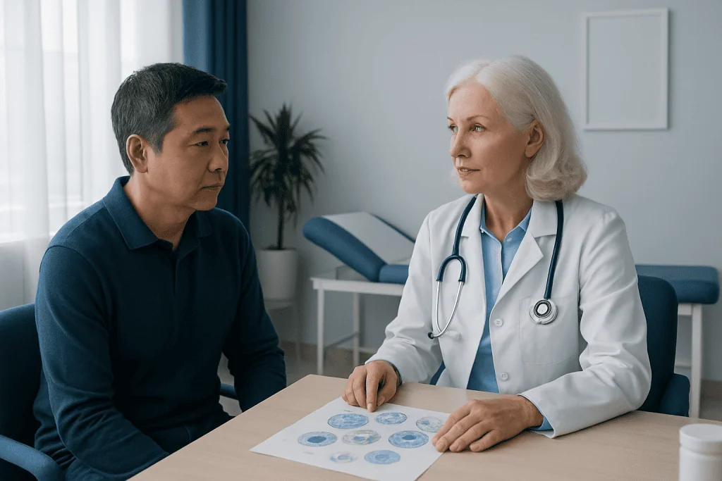 Doctor explaining blood test results to a patient in a medical consultation.