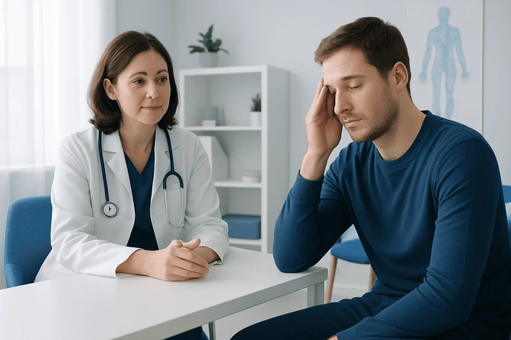 Doctor consulting with a patient experiencing headache or dizziness.