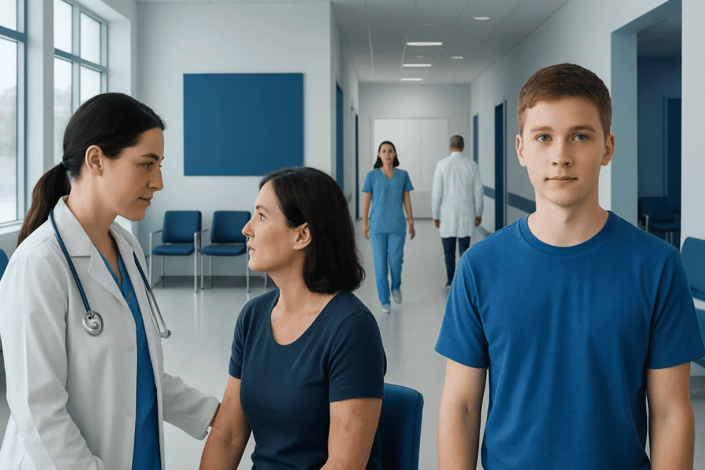 Hives vs Rash: Key Differences and How Doctors Tell Them Apart 1 Doctor consulting patient in hospital corridor with staff in background.
