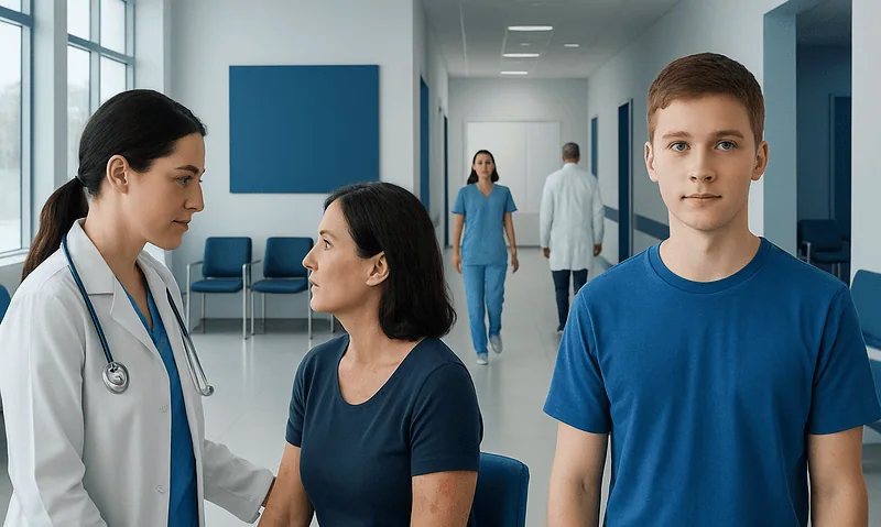 Doctor consulting patient in hospital corridor with staff in background.