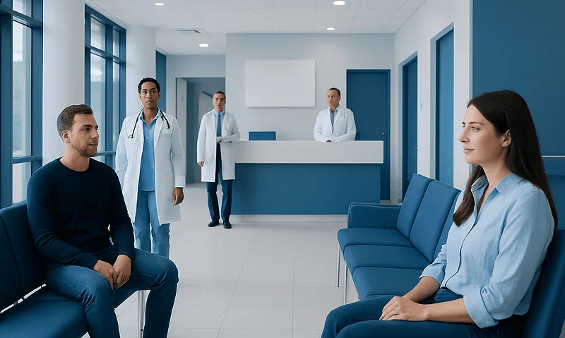 Patients waiting in a modern hospital reception area with medical staff present.